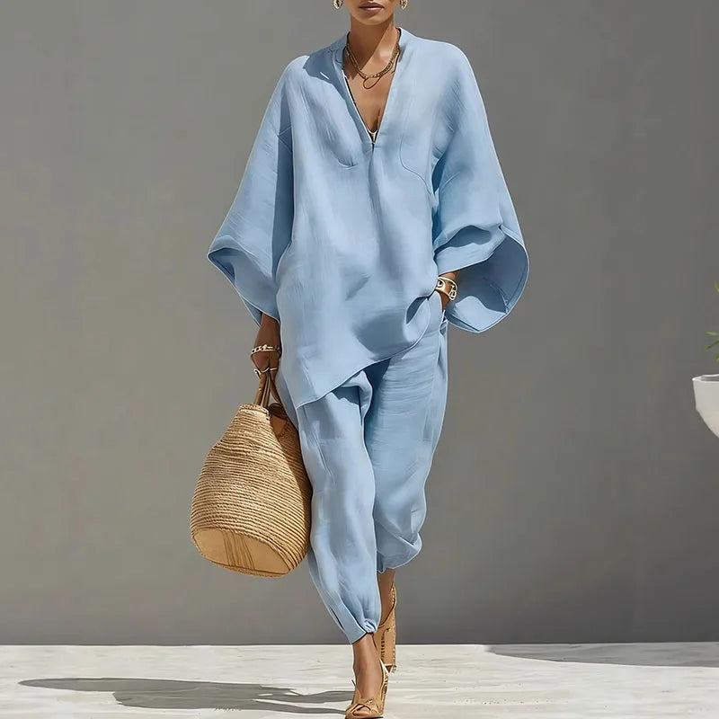 V-Neck Batwing Sleeve Top & Ankle Pants Set | Wovetsa