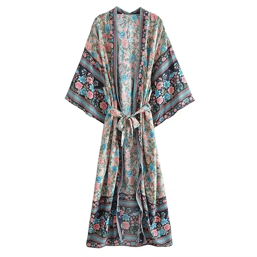 Floral Print Bohemian Kimono Maxi Cover-Up | Wovetsa