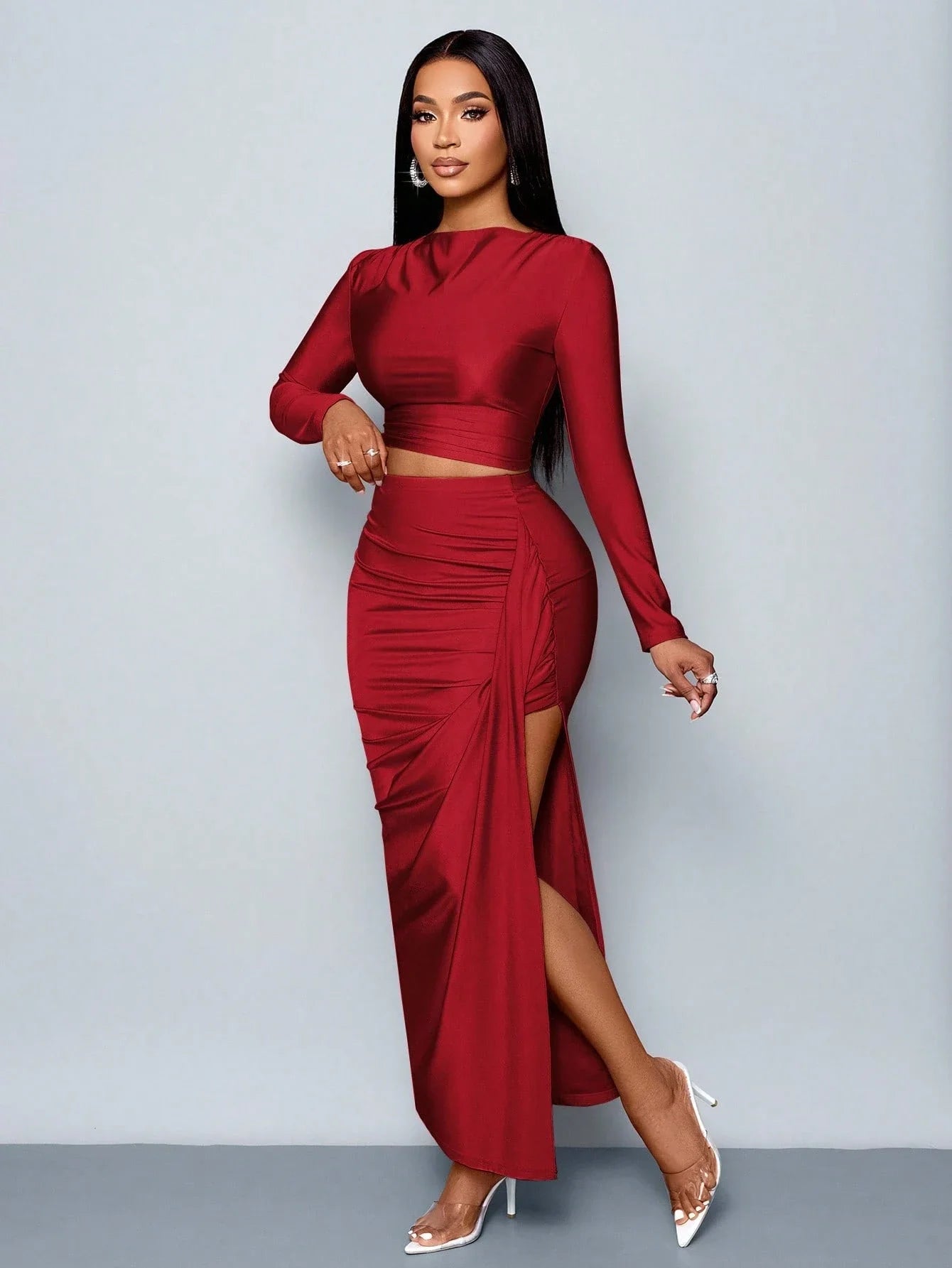 Women's Two Piece Set – Elegant Casual Long Sleeve Top and Pleated Skirt Outfit