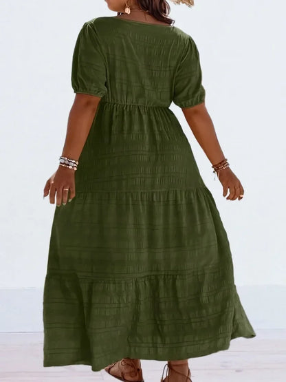 Plus Size 1XL-5XL Women's Fashionable Square Neck Solid Color Dress Ladies Casual A-line Skirt Short Sleeved Long Dress