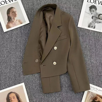 2023 Autumn Fashion Blazers Women Temperament Solid Double Breasted Cropped Jacket Woman Basic All Match Suit Outwear Female