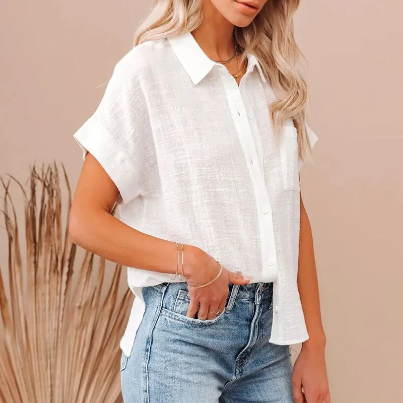 Women's Cotton Linen Short Sleeve Blouse | Wovetsa