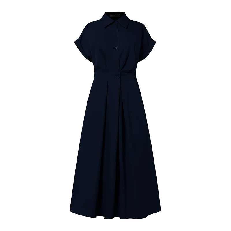 Short Sleeve Button-Down A-Line Midi Dress | Wovetsa