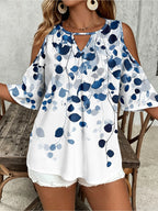 Plus Size Leaf Print Off-Shoulder Hollow-Out Top | Wovetsa