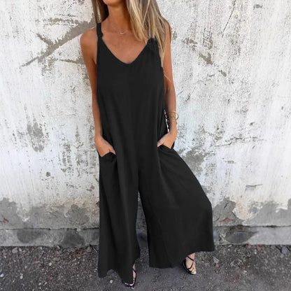 V-Neck Sleeveless Wide-Leg Jumpsuit | Wovetsa