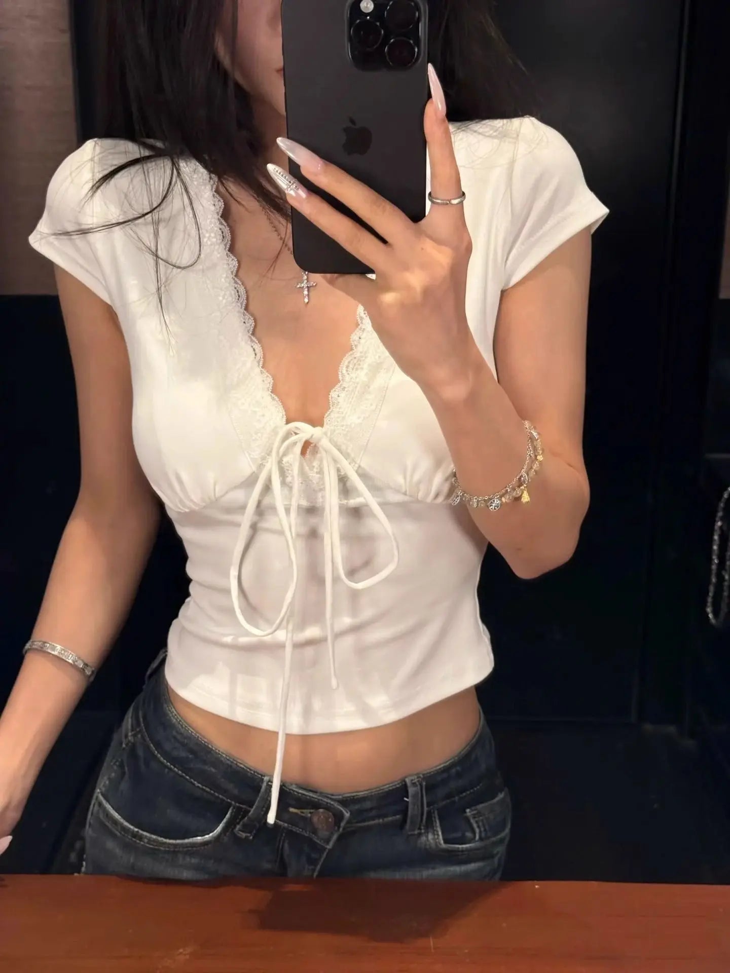 V-Neck Lace Satin Top | Wovetsa