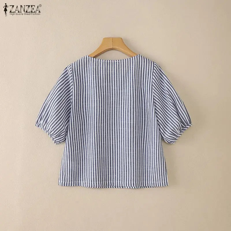 Striped Lantern Sleeve Blouse | Wovetsa