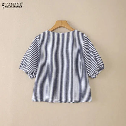 Striped Lantern Sleeve Blouse | Wovetsa