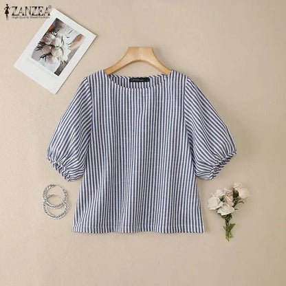 Striped Lantern Sleeve Blouse | Wovetsa