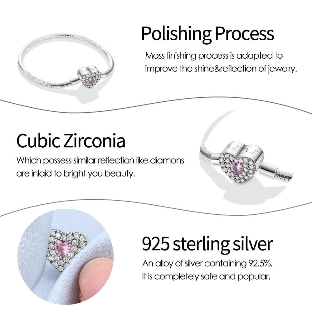 S925 Silver Heart Zircon Charm Bracelet | Wovetsa
