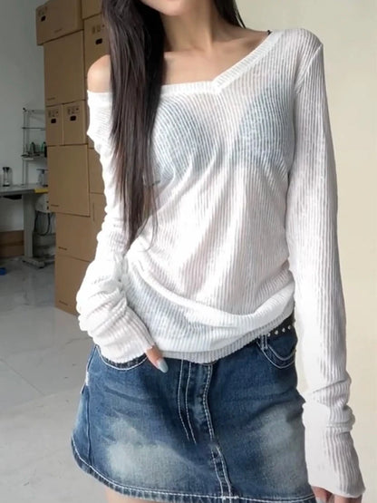 Sheer Long Sleeve Slim Top | Wovetsa