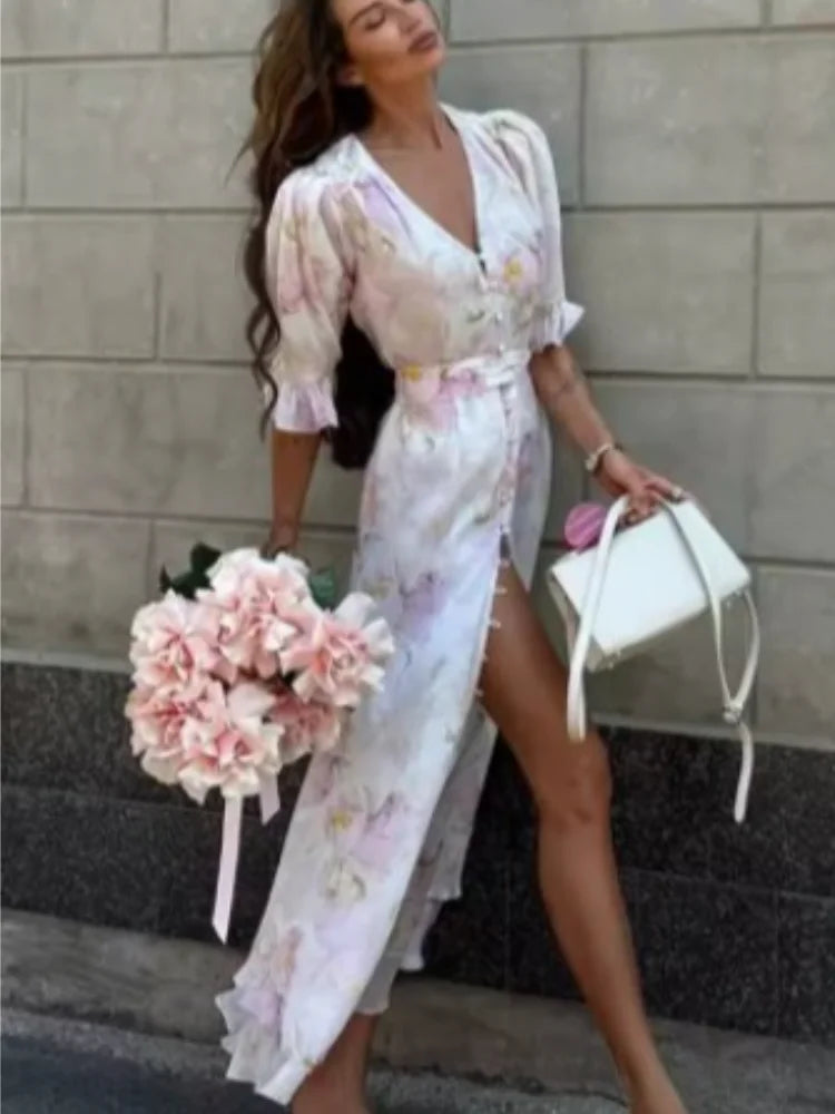 Elegant Lace Trimmed Printed Dress Women Chic Deep V-neck Waist Cinching Split Short Sleeve Maxi Dress Lady Party Vestidos 2026