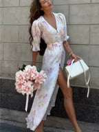 Elegant Lace Trimmed Printed Dress Women Chic Deep V-neck Waist Cinching Split Short Sleeve Maxi Dress Lady Party Vestidos 2026