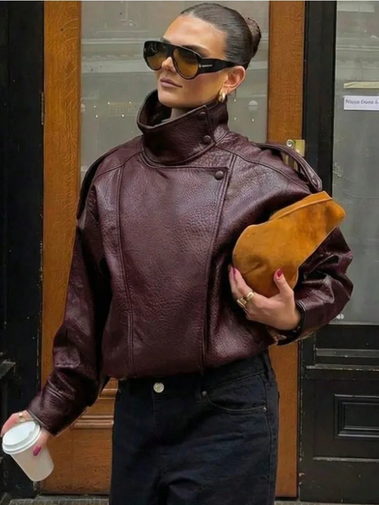 Drop-Shoulder PU Leather Moto Jacket | Wovetsa