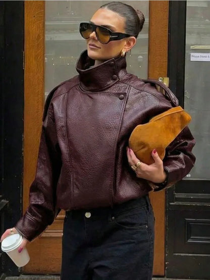 Drop-Shoulder PU Leather Moto Jacket | Wovetsa