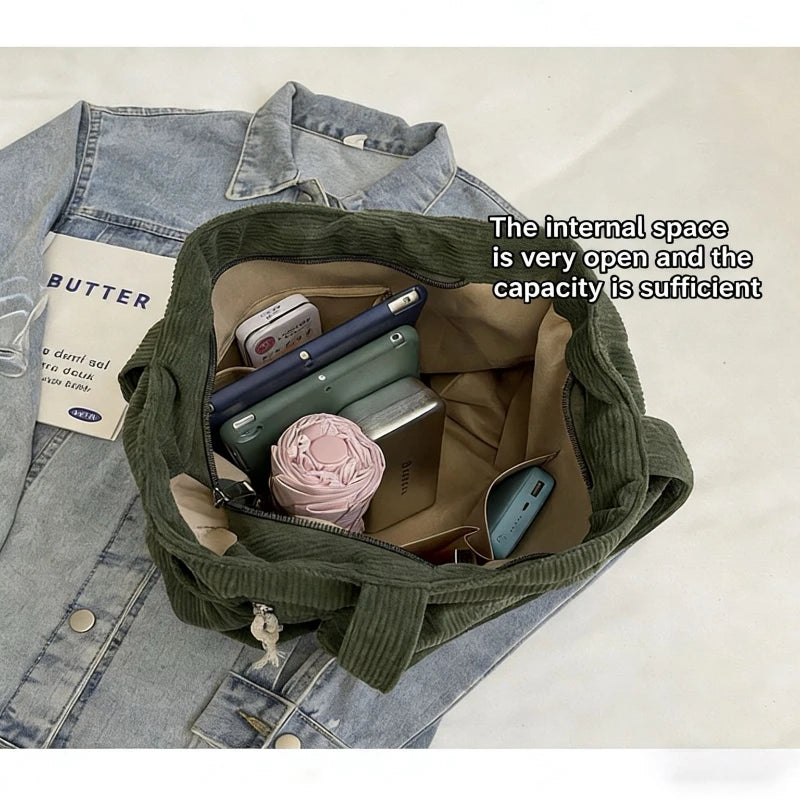 Corduroy Multi-Pocket Shoulder Tote Bag | Wovetsa