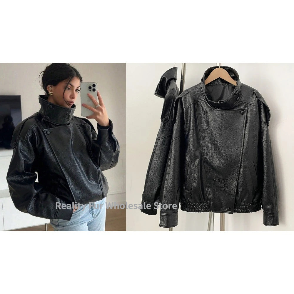 Fake leather Coat Women Y2k Faux Leather Jacket New Casual PU Jacket Motorcycle Style Leather Jacket Pebble Fall Personality