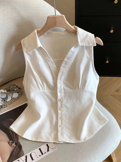 V-Neck Sleeveless Linen Blend Shirt | Wovetsa