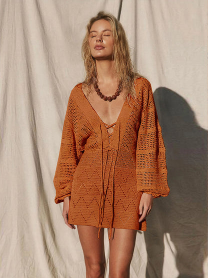 Deep V-Neck Hollow-Out Lantern Sleeve Knit Mini Dress | Wovetsa