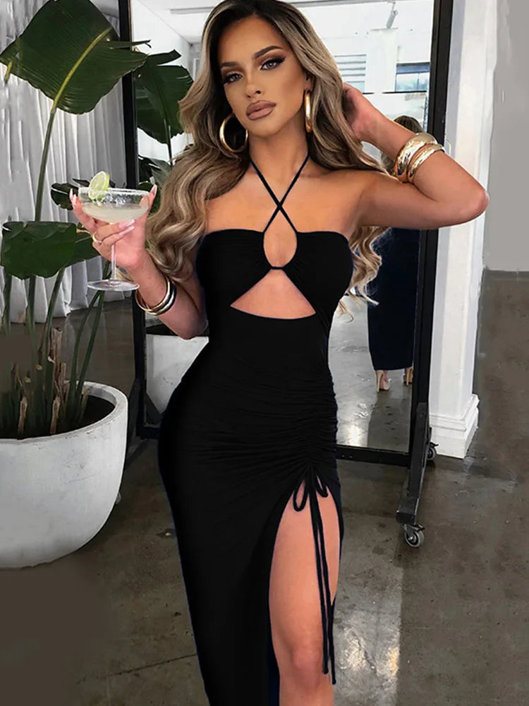 Hollow Out V-Neck Bodycon Midi Dress | Wovetsa