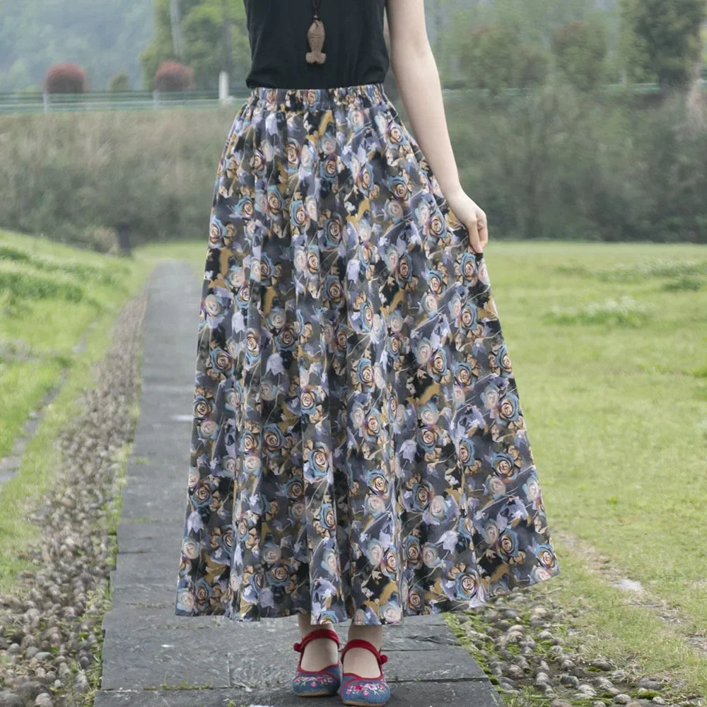 Bohemian Floral Print Cotton Linen Maxi Skirt | Wovetsa