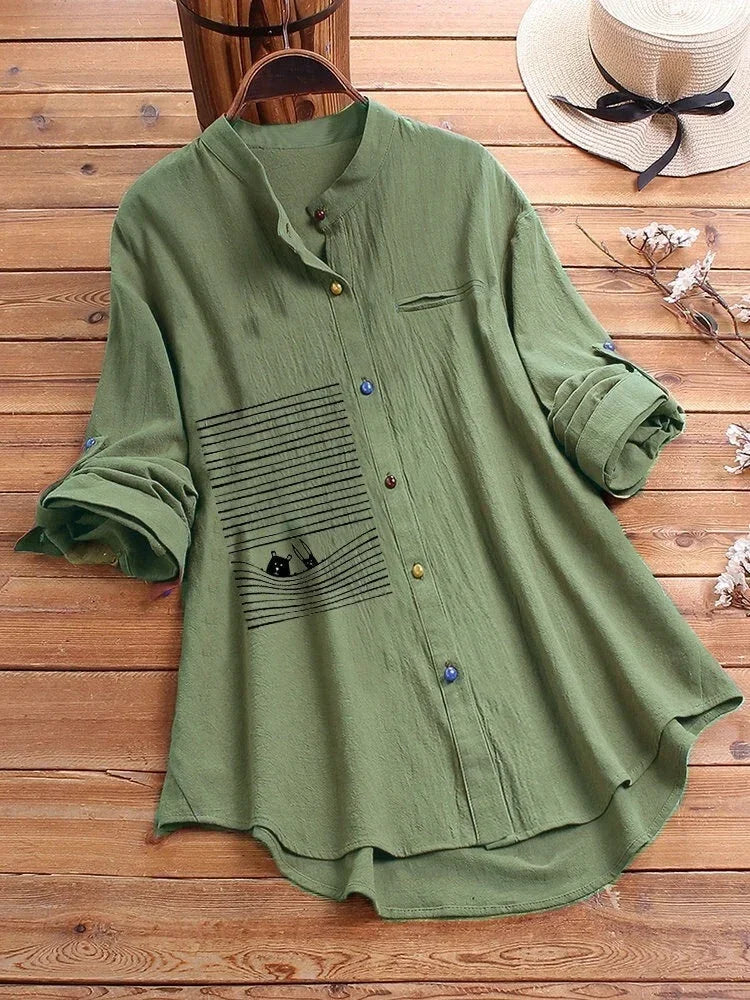 Plus Size in-Stock Best-Seller Simple Tops New Chic Printing Shirt Versatile Stand Collar Colorful Breathable Office Clothing