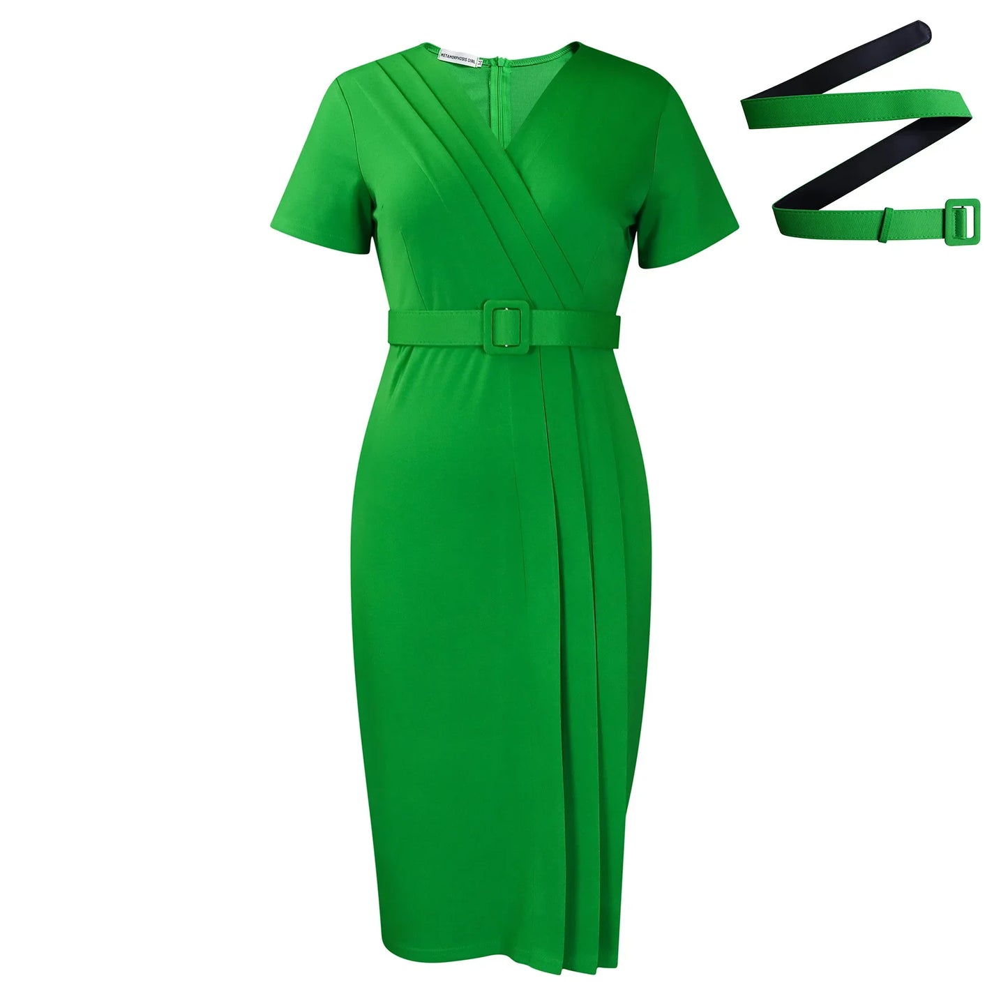 Women's Elegant Midi Dress – V Neck Short Sleeve Belted Waist Workwear Style