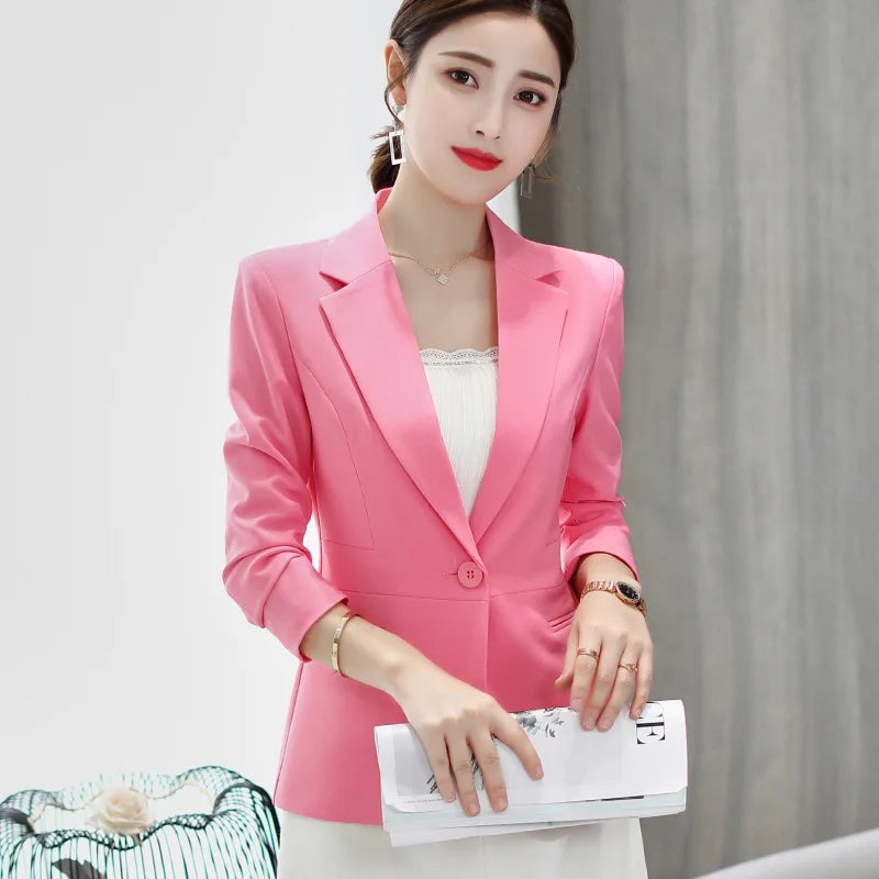 Women Slim One Button Blazers Autumn Spring Female Pocket Long Sleeve Solid Color Korean OL Workwear Business Blazer Coats