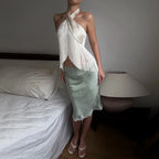 Satin Fringe Halter Crop Top | Wovetsa