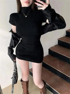 Turtleneck Pleated Waist Mini Dress | Wovetsa