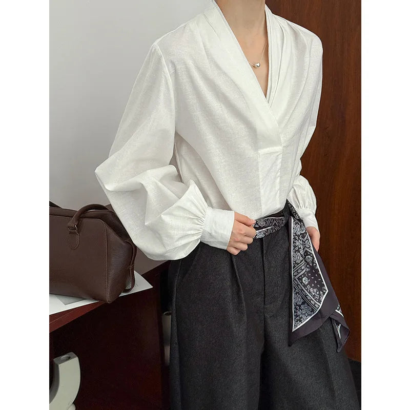 V-Neck Puff Sleeve Cotton Linen Blouse | Wovetsa