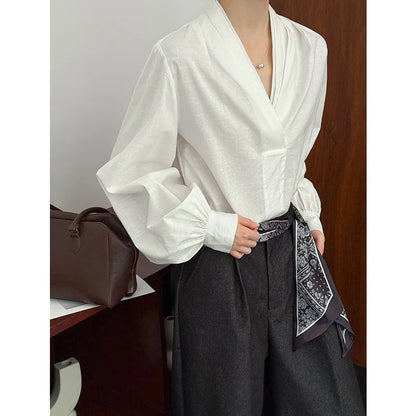 V-Neck Puff Sleeve Cotton Linen Blouse | Wovetsa