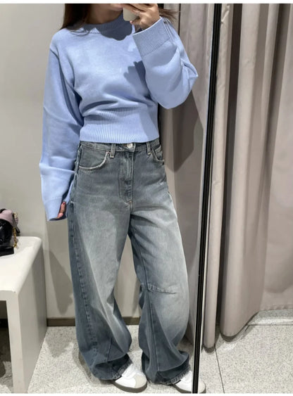 Loose sleeve round neck knitted sweater 2025 new product ladies ultra-wide ribbed hem long sleeve short cardigan