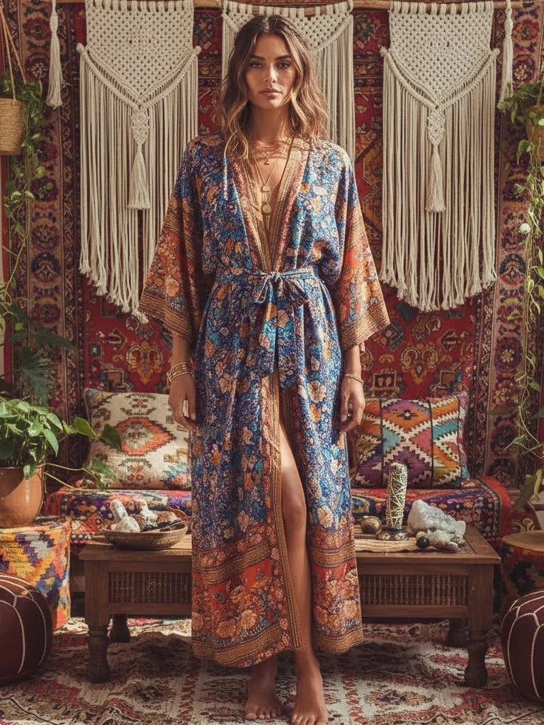 Floral Print Bohemian Kimono Maxi Cover-Up | Wovetsa