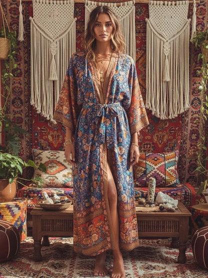 Floral Print Bohemian Kimono Maxi Cover-Up | Wovetsa