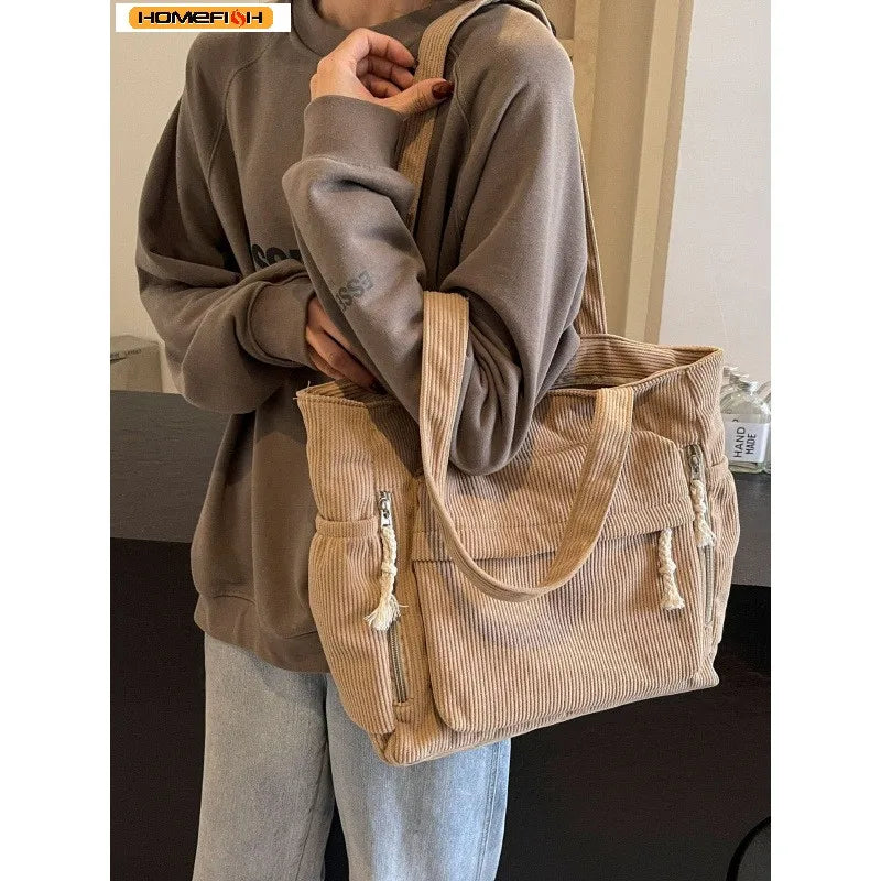 Corduroy Multi-Pocket Shoulder Tote Bag | Wovetsa