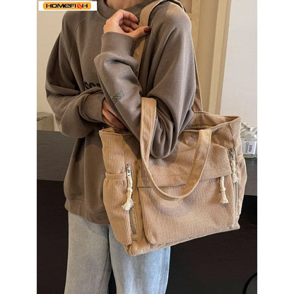 Corduroy Multi-Pocket Shoulder Tote Bag | Wovetsa