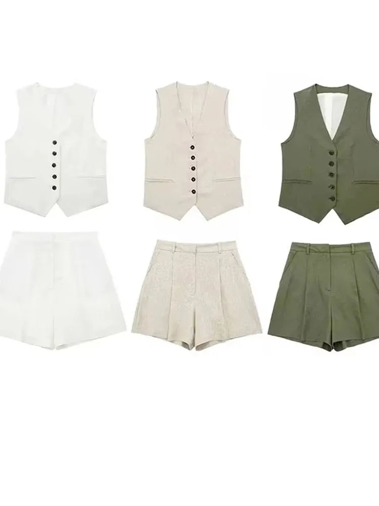 Women's Green Summer Two Piece Set | Relaxed Elegant Vest and Shorts Outfit