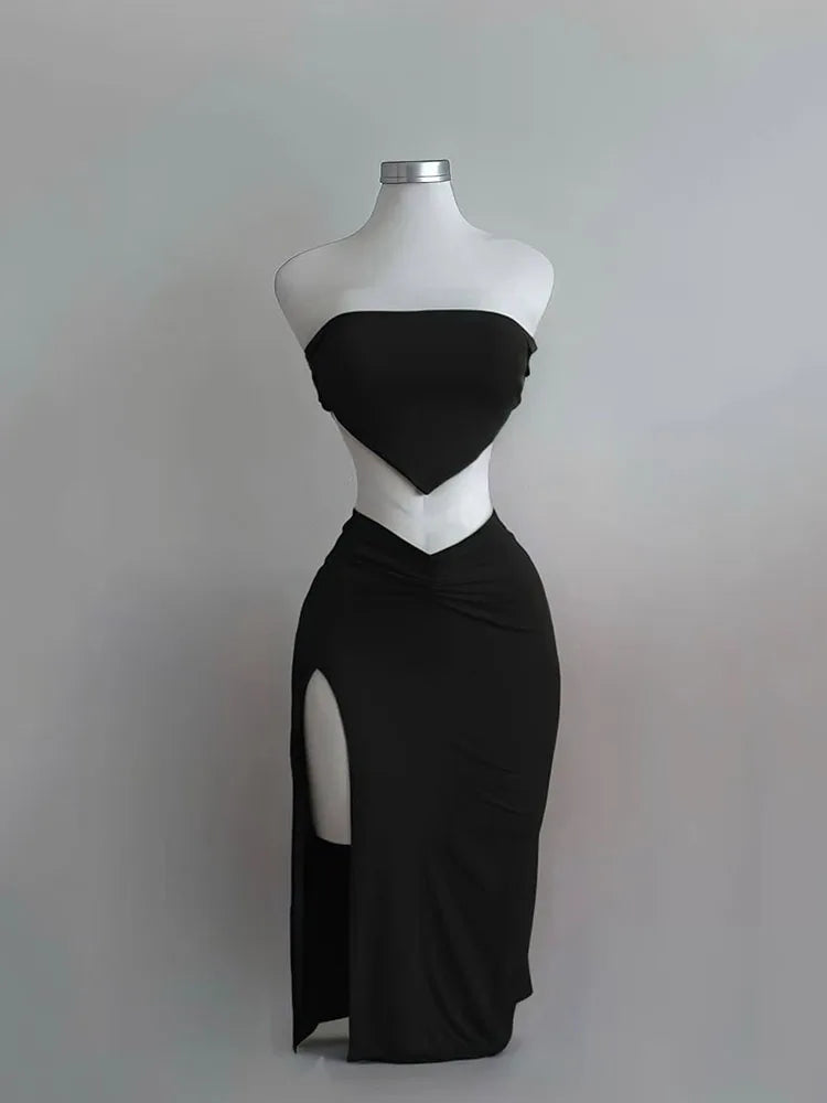 Strapless Crop Top & Split Midi Skirt Set | Wovetsa