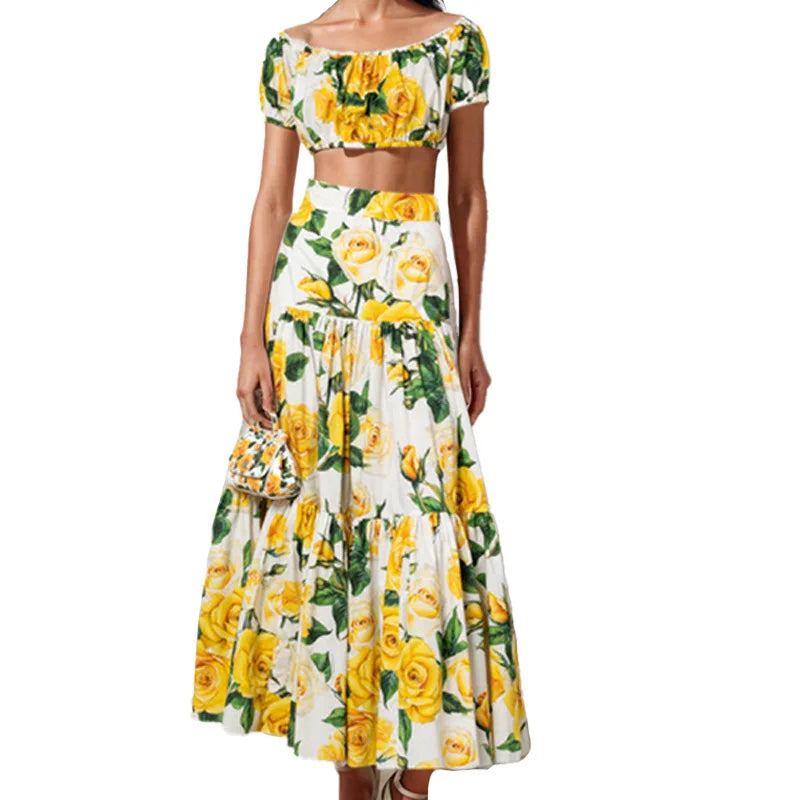 Floral Off-Shoulder Crop Top & Maxi Skirt Set | Wovetsa