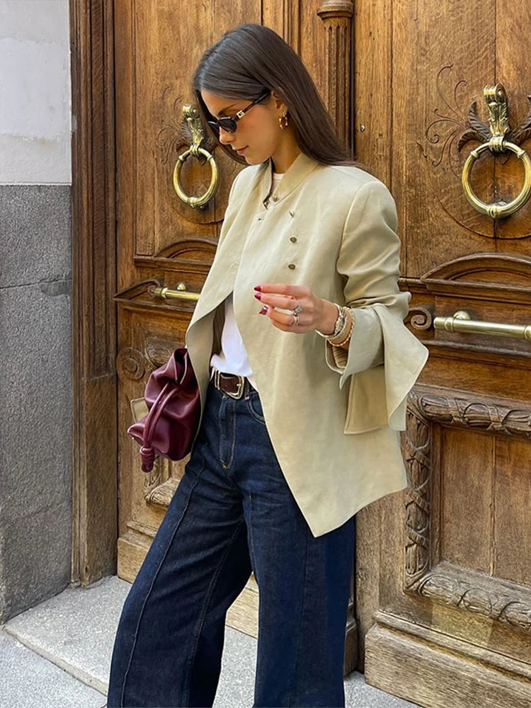 Ruffle Stand Collar Asymmetric Blazer | Wovetsa