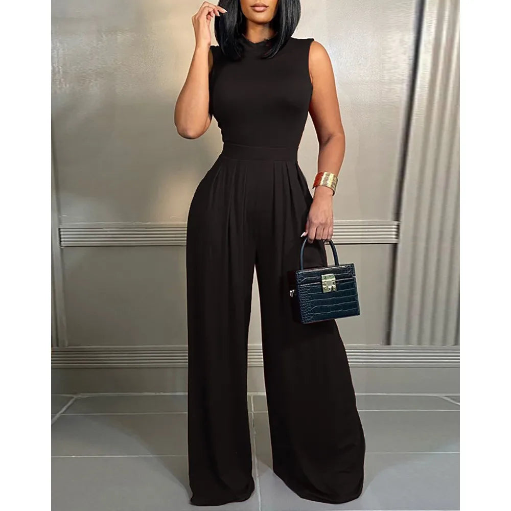 Women's Printed Wide Leg Jumpsuit Sleeveless Summer Casual Vacation One Piece Outfit