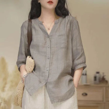 Loose V-Neck Three-Quarter Sleeve Blouse | Wovetsa