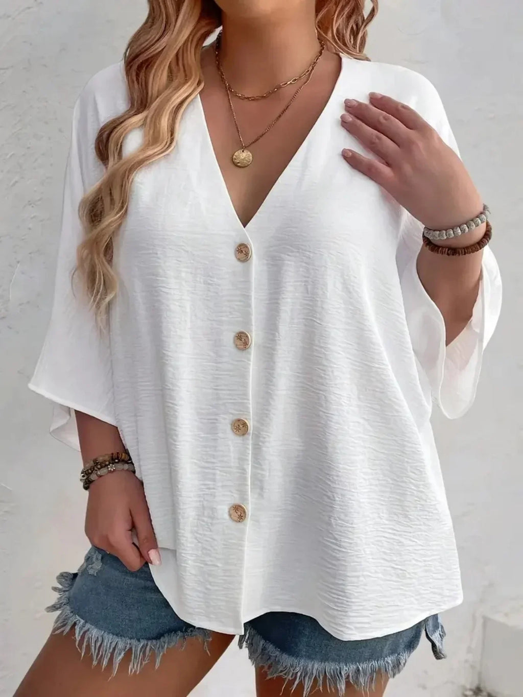 Plus Size V-Neck Button Detail Long Sleeve Blouse | Wovetsa