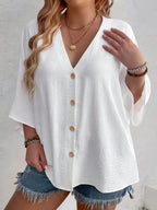 Plus Size V-Neck Button Detail Long Sleeve Blouse | Wovetsa