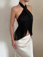 Satin Fringe Halter Crop Top | Wovetsa