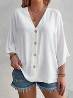Plus Size V-Neck Button Detail Long Sleeve Blouse | Wovetsa