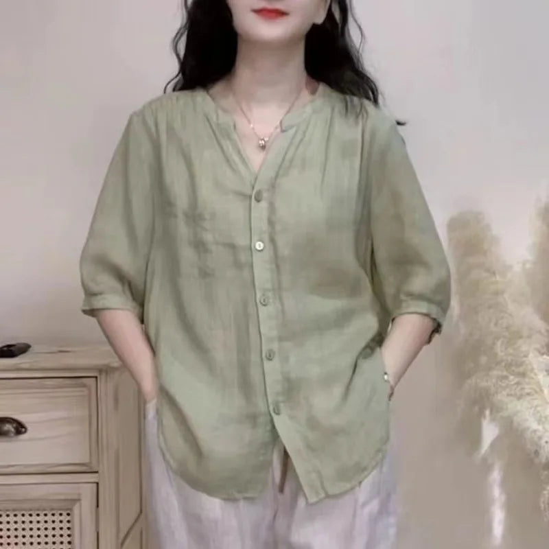Loose V-Neck Three-Quarter Sleeve Blouse | Wovetsa
