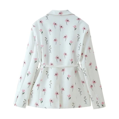 Women's Floral Print Blazer, White Pink Flower Casual Suit Jacket, Notch Lapel Loose Outwear with Tie Waist, Spring Daily Wear