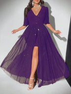 Plus Size Deep V-Neck Petal Sleeve A-Line Evening Dress | Wovetsa